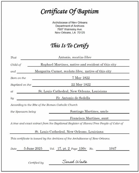 Catholic baptism of Jacques Martínez, 22 May 1822, St. Louis Cathedral, New Orleans; Archdiocese of New Orleans