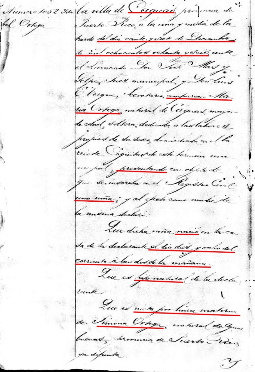 Caguas (Caguas, Puerto Rico) Registro Civil, Births, 1886-1912, Number 1052, Isabel Ortega, born 18 December 1886; “Puerto Rico, Civil Registrations, 1885-2001,” Ancestry.com.