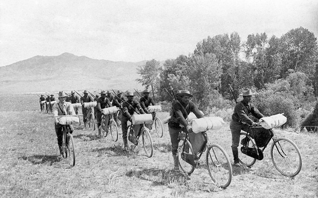 Members of the U.S. Army 25th Infantry Bicycle Corps stationed at Fort Missoula, 1897, Wikimedia Commons