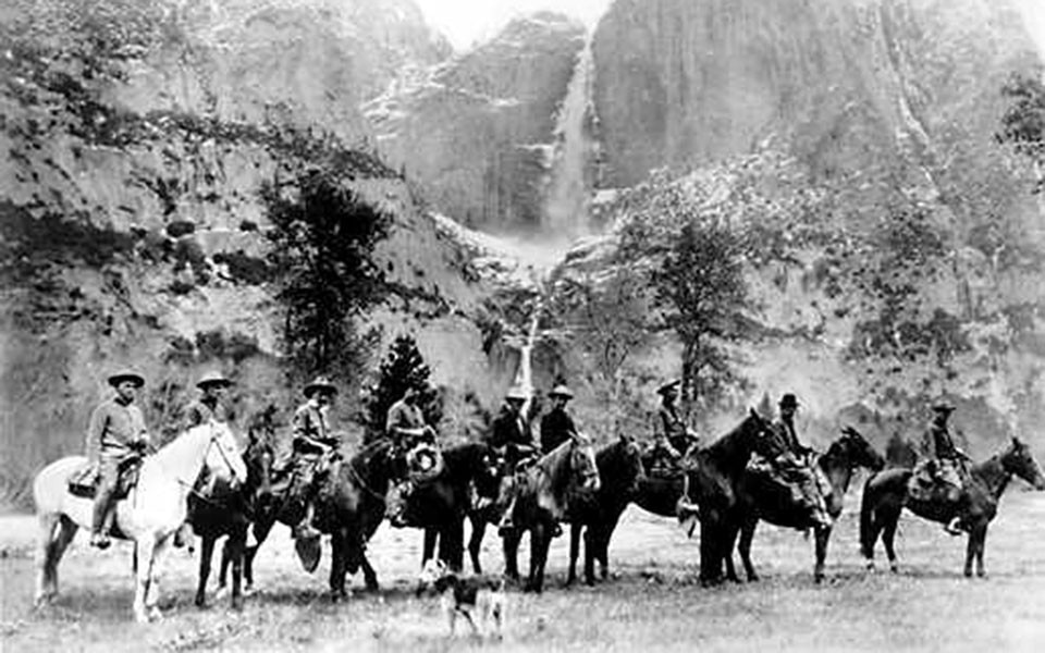 Nine rangers pose in Yosemite Valley Meadow, Yosemite National Park, 1915, Wikimedia Commons