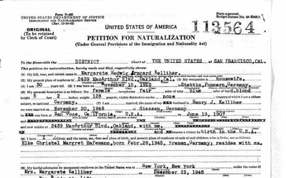 Margarete Hedwig Irmgard Kelliher in California, U.S., Federal Naturalization Records, 1888-1991, Ancestry.com 