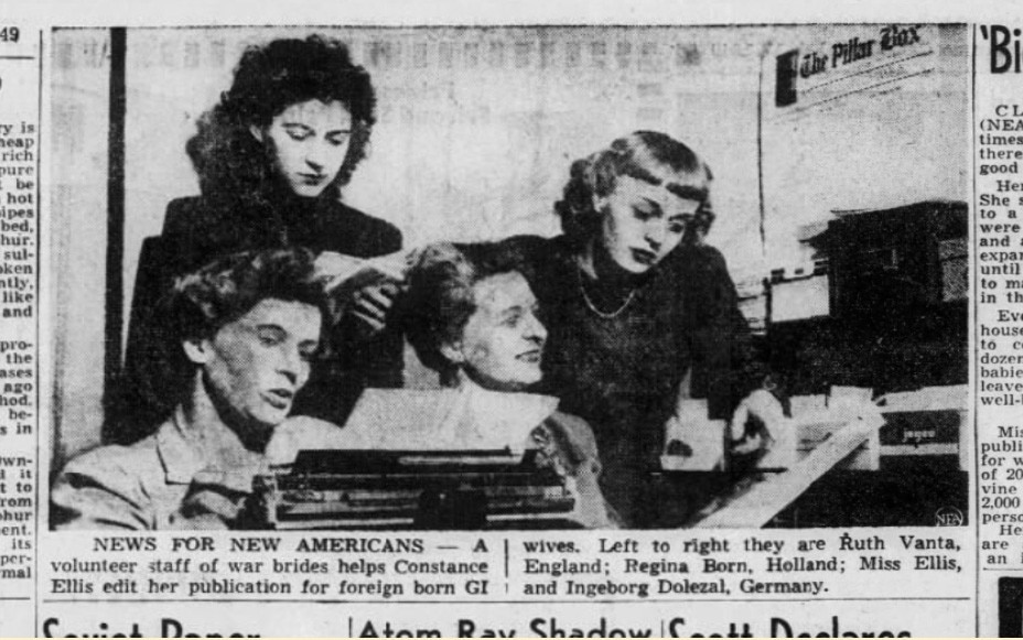 “‘Big Sister’ Eases Fears of Foreign Born War Brides”; Fresno [California] Bee, February 17, 1949, Newspapers.com
