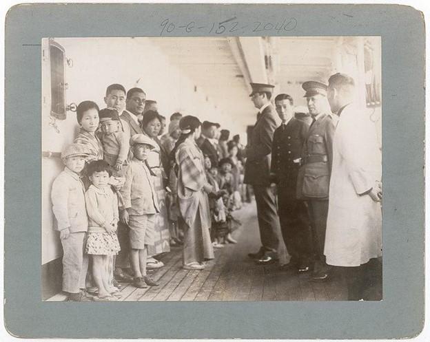 Examining Passengers Aboard Ships, Vessel is the Shimyo Maru, Angel Island, California, 1931, Wikimedia Commons