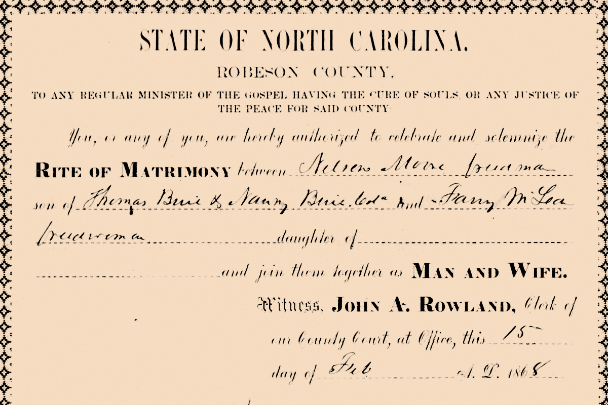 Nelson Moore and Fannie McLean's North Carolina marriage record.