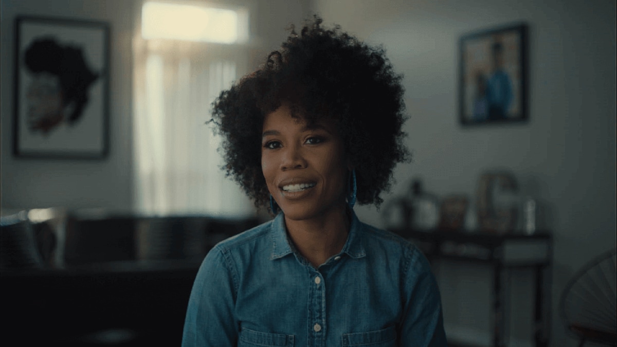 Still of Eunique Jones Gibson being interviewed at her home.