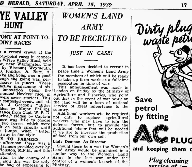 Article detailing the first call for recruitment for the Women's Land Army