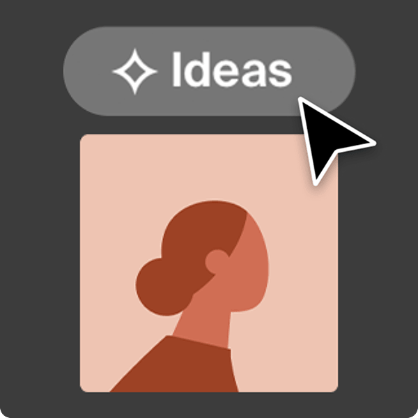 An Ancestry family tree profile image with a button labeled 'Ideas' above it and a mouse cursor hovering over it.