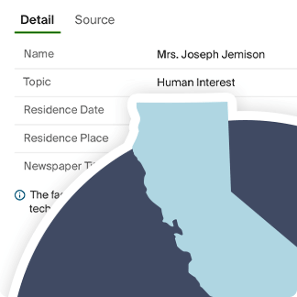 An outline of California. Behind it is an indexed record for 'Mrs. Joseph Jemison,' with 'Human Interest' listed as the topic. Residence Date, Residence Place, and Newspaper Title are also listed categories.