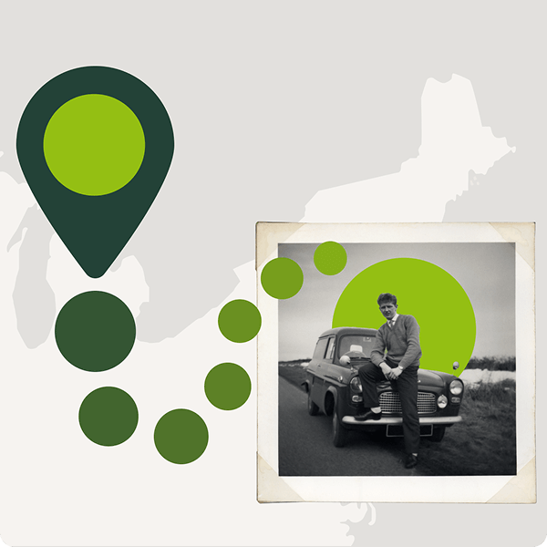 Old photo of a man on a road trip with an illustrated map of the United States in the background.
