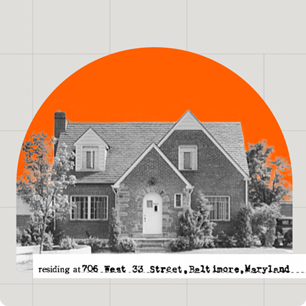 Photograph of a family home in the background with a record showing the address in the foreground.