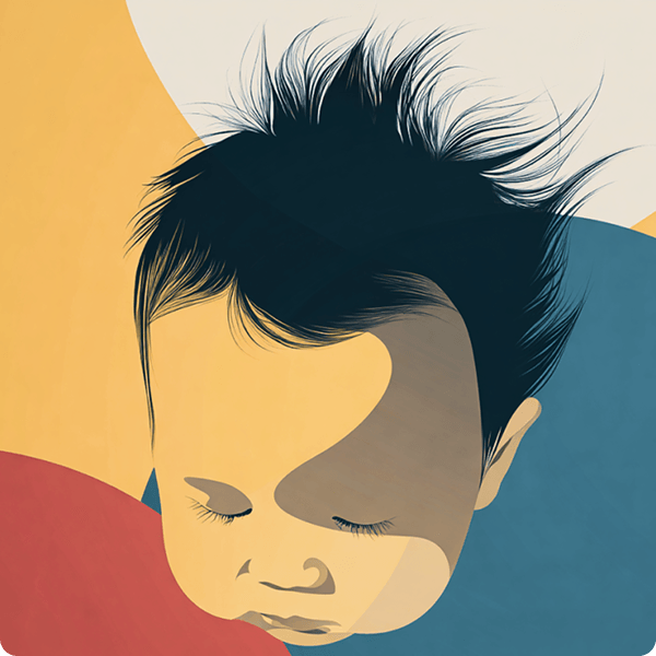 Stylized illustration of a sleeping infant's face, topped with a full head of wispy, dark hair.