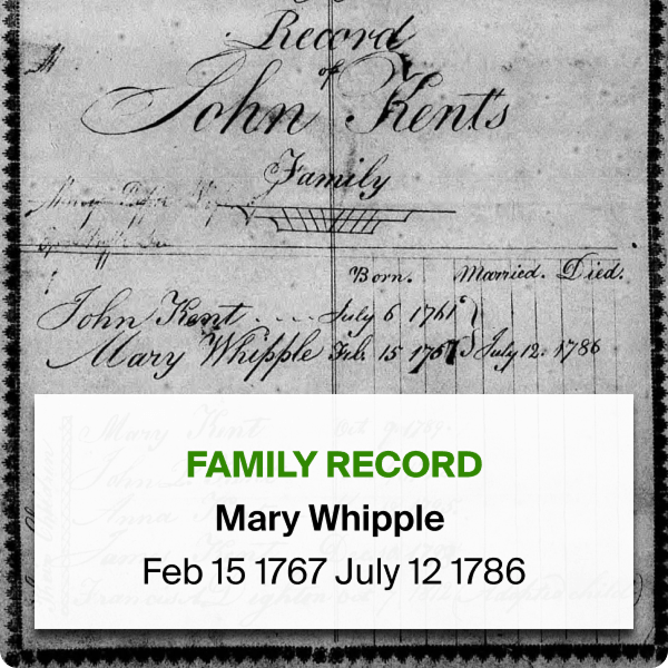 Pension record for John Kents Family, including information for a relative named Mary Whipple.