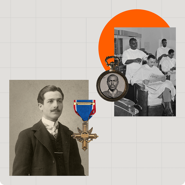 Photo collage showing people from the past and documents associated with their stories.